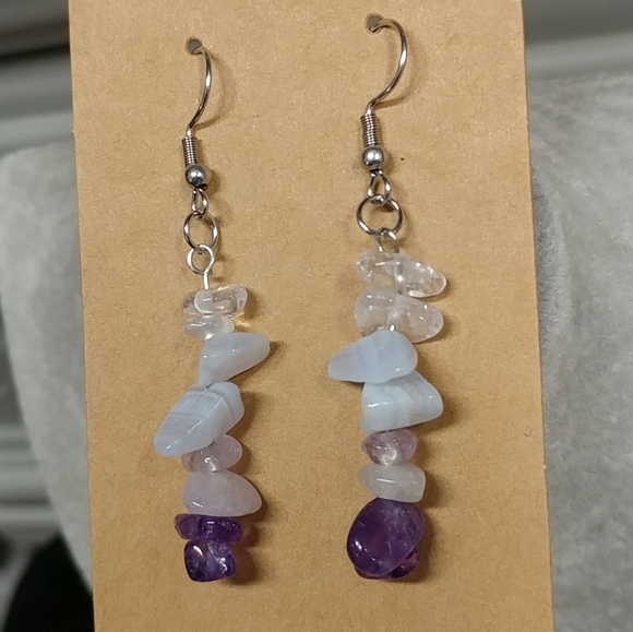 Amethyst Quartz Crystal Blue Lace Agate Earrings Natural Gemstone Chip Beaded - Picture 8 of 14